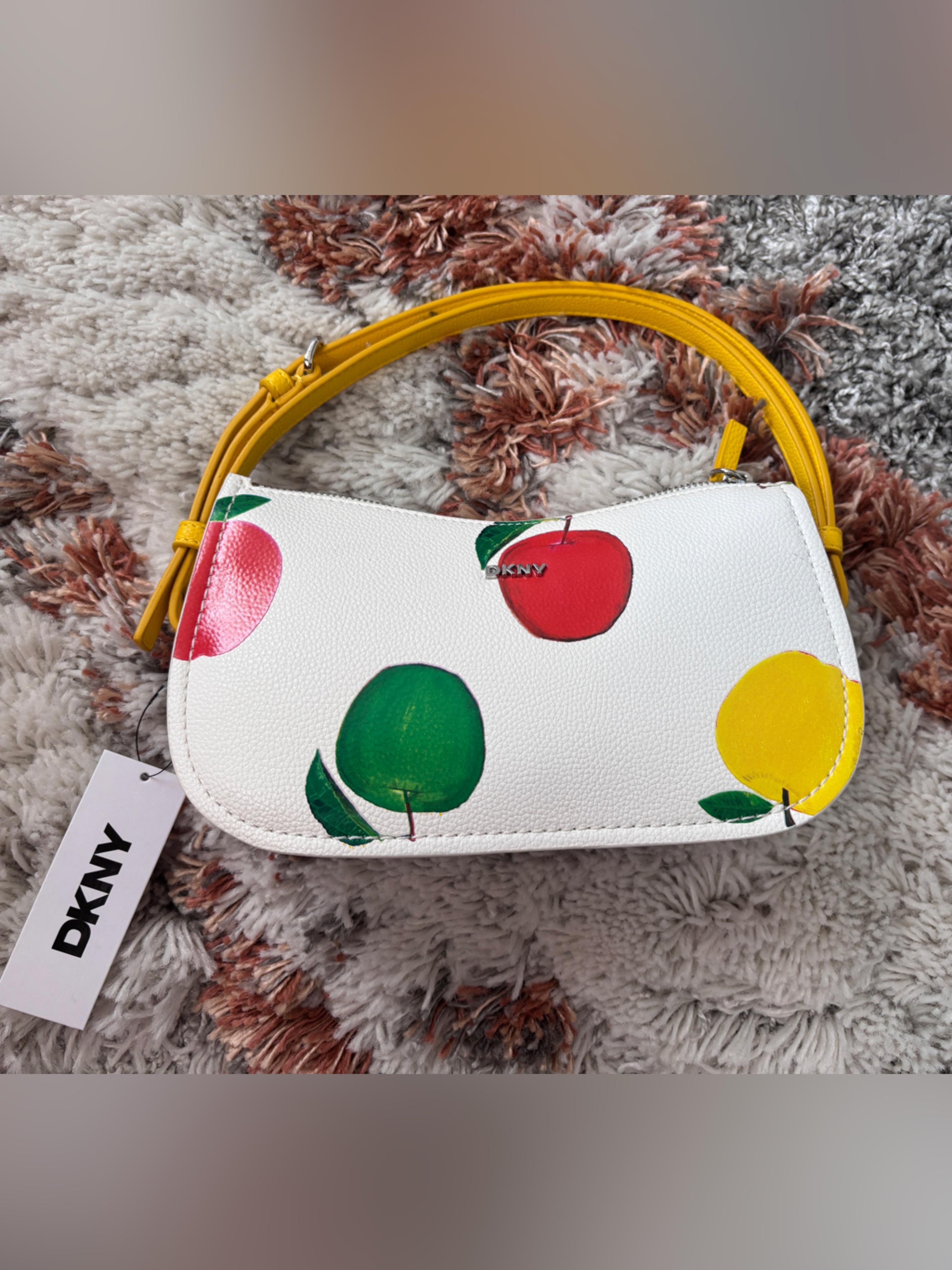 Dkny White Shoulder Bag With Multicolor Fruit Print And Yellow Strap
